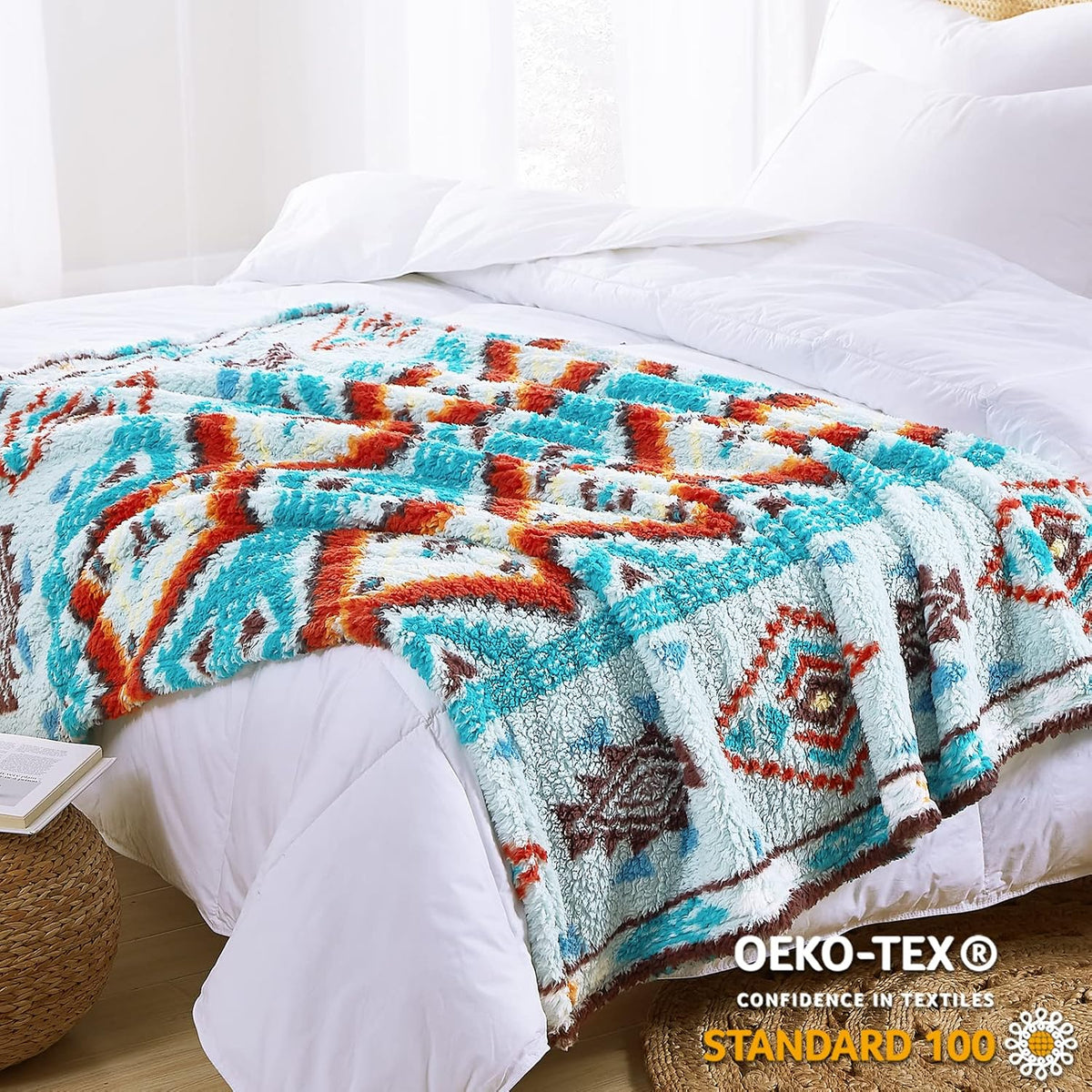 CASAAGUSTO Boho Sherpa Throw Blanket, Aztec Throw, Ultra Soft, Warm, Cozy, Plush, Thick Fleece