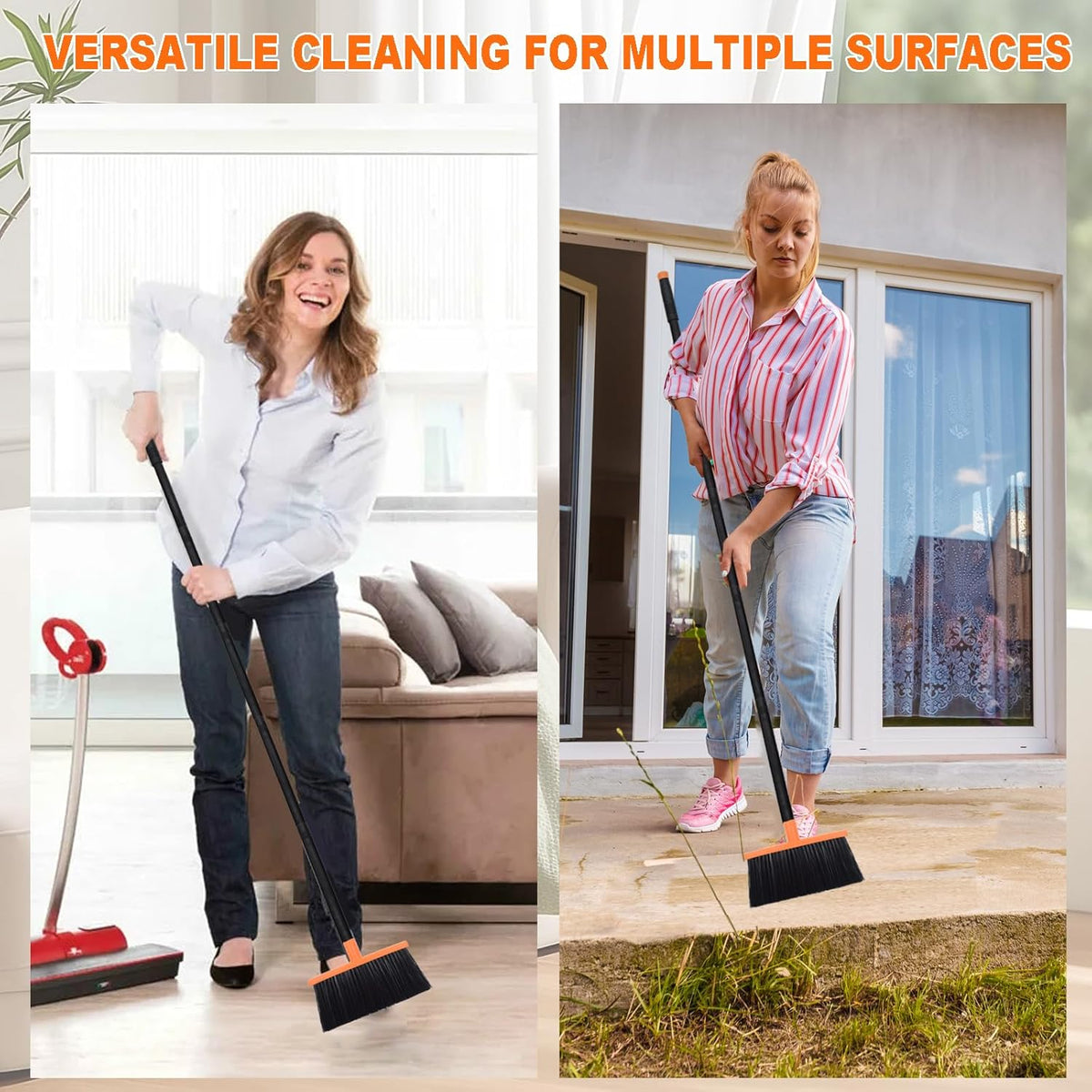 Small Broom Stiff Bristles Brush with Long Handle Indoor or Outdoor Compact Broom for Sweeping