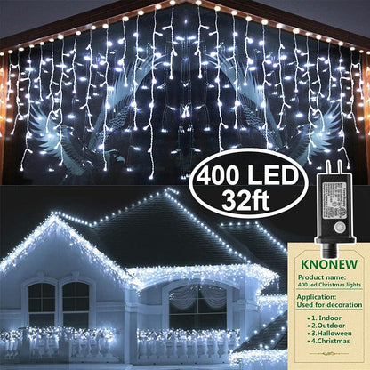 KNONEW Christmas Lights Outdoor Decorations 400 LED 33ft 8 Modes Curtain Fairy String Light with 75