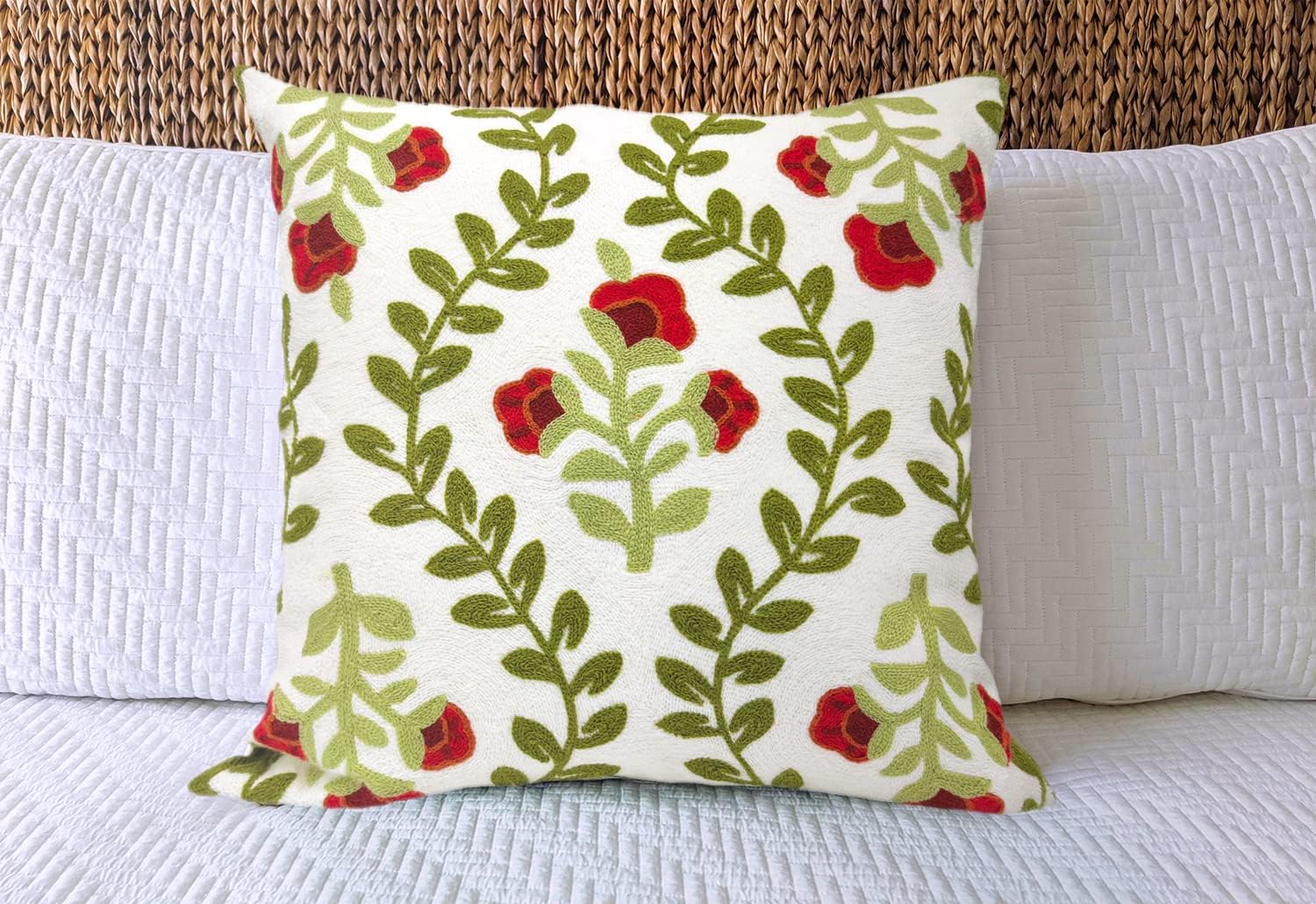 Alysheer Floral Embroidered Summer Decorative Throw Pillow Cover 18"x 18", Farmhouse Cottage Red