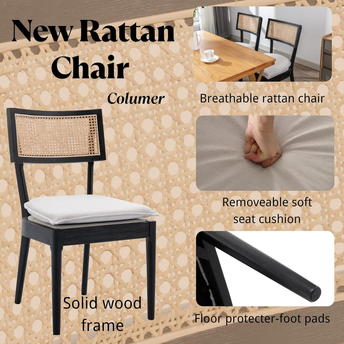 Rattan Dining Chairs Set Of 2 , Mid Century Modern Black Wooden Cane Back Chairs with Removable