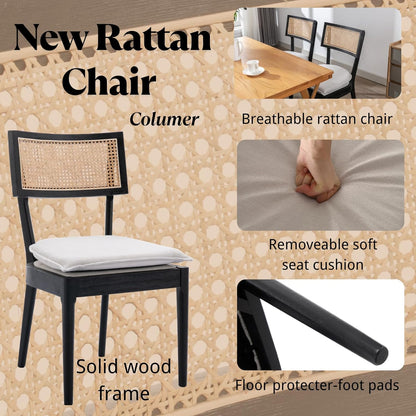 Rattan Dining Chairs Set Of 2 , Mid Century Modern Black Wooden Cane Back Chairs with Removable
