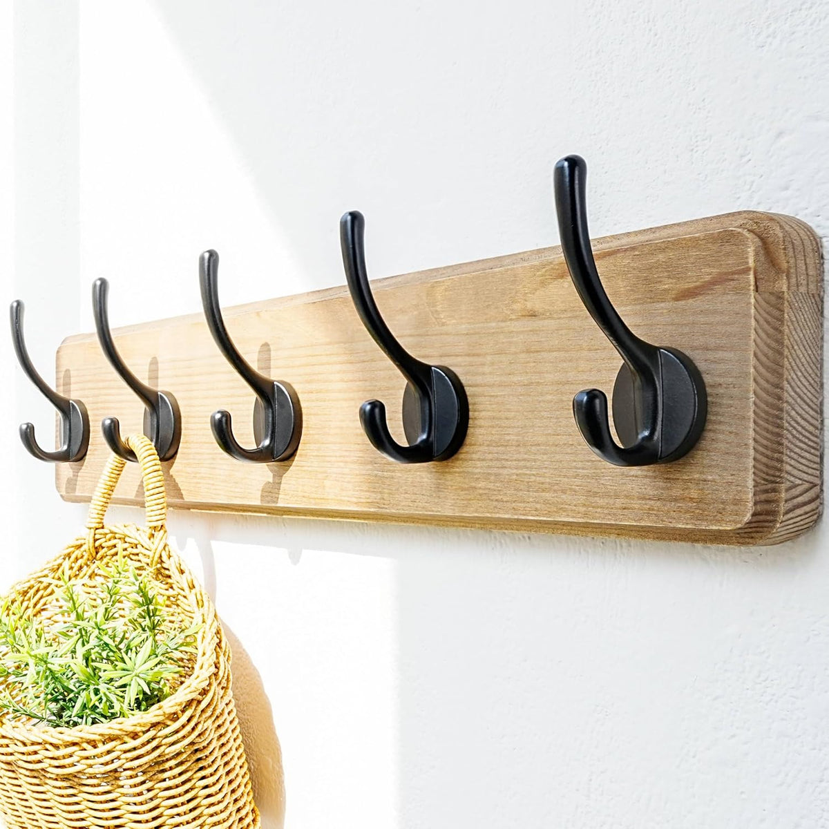 Dseap Coat Rack Wall: Patented, Heavy-Duty, 17.4" Long 5-Double-Hooks Wooden Wall Mounted Coat Rack