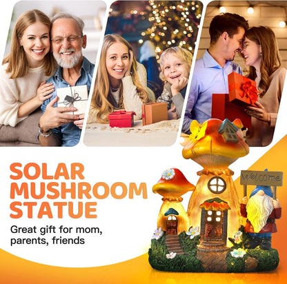 Solar Garden Statue Lights Mushroom Fairy House Figurine, Outdoor Memorial Garden Ornaments