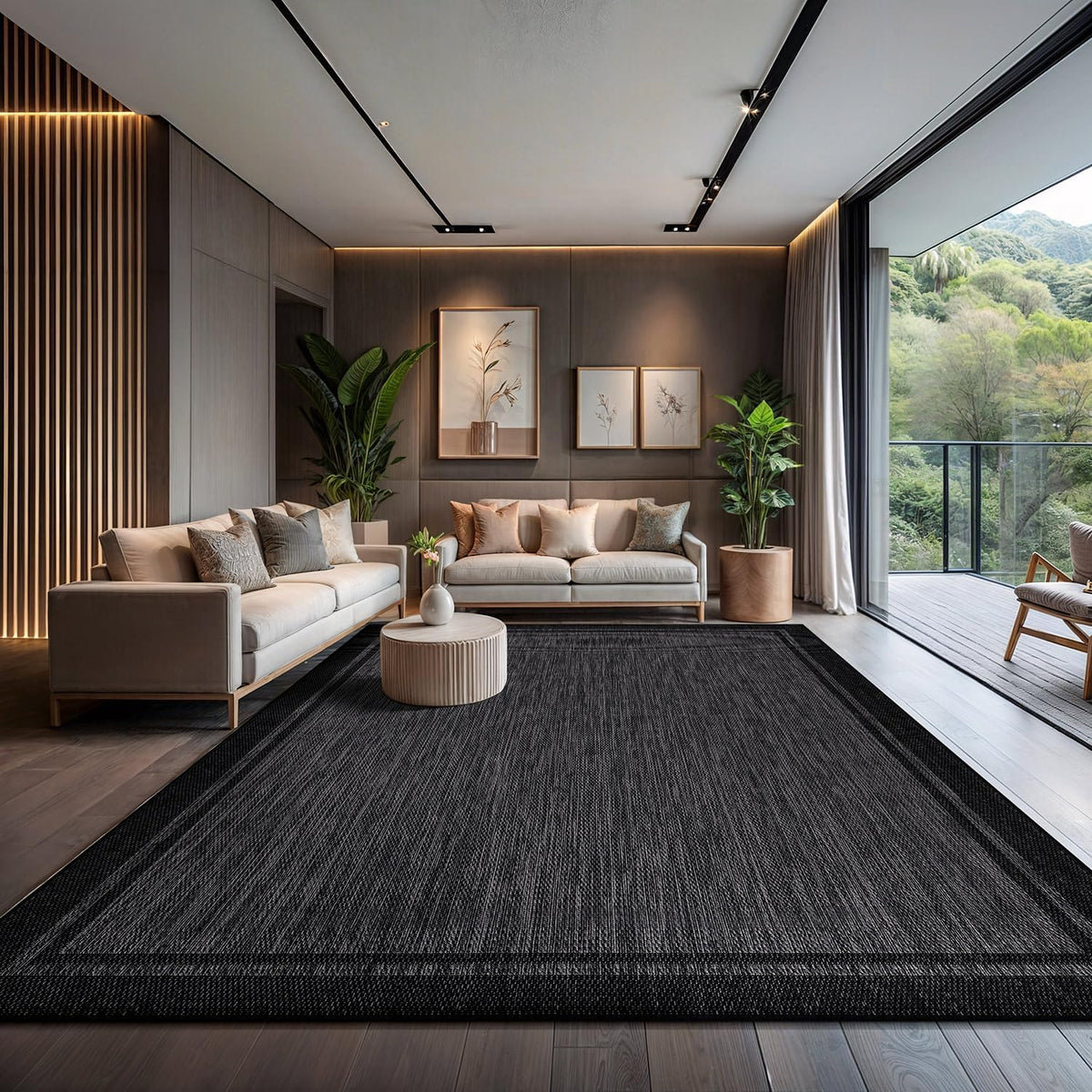 CAMILSON Indoor Outdoor Rug, 10x14 Bordered Dark Grey Black Modern Large Area Rugs for Indoor and
