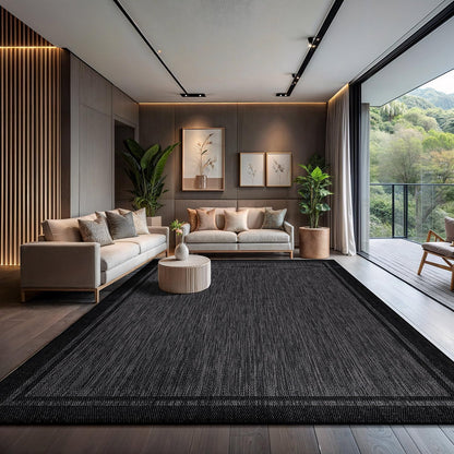 CAMILSON Indoor Outdoor Rug, 10x14 Bordered Dark Grey Black Modern Large Area Rugs for Indoor and