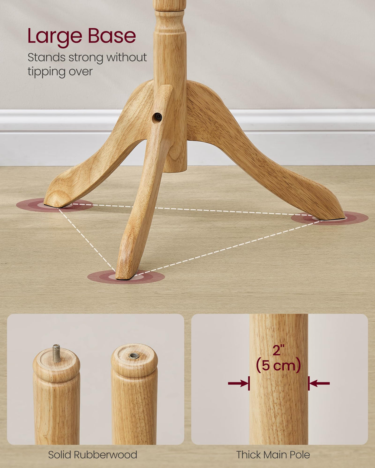 VASAGLE Solid Wood Coat Rack and Stand, Free Standing Hall Coat Tree with 10 Hooks for Hats, Bags