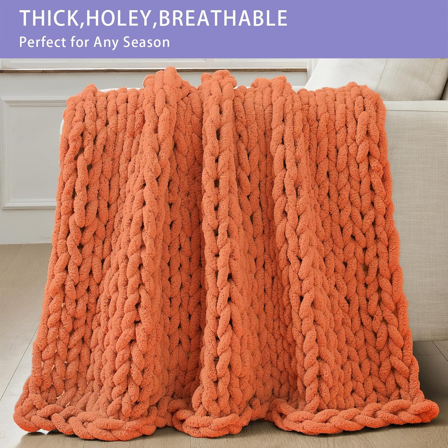 Bigacogo Chunky Knit Throw Blanket for Couch, 40x60 inches, 100% Hand Knitted with Thick Jumbo