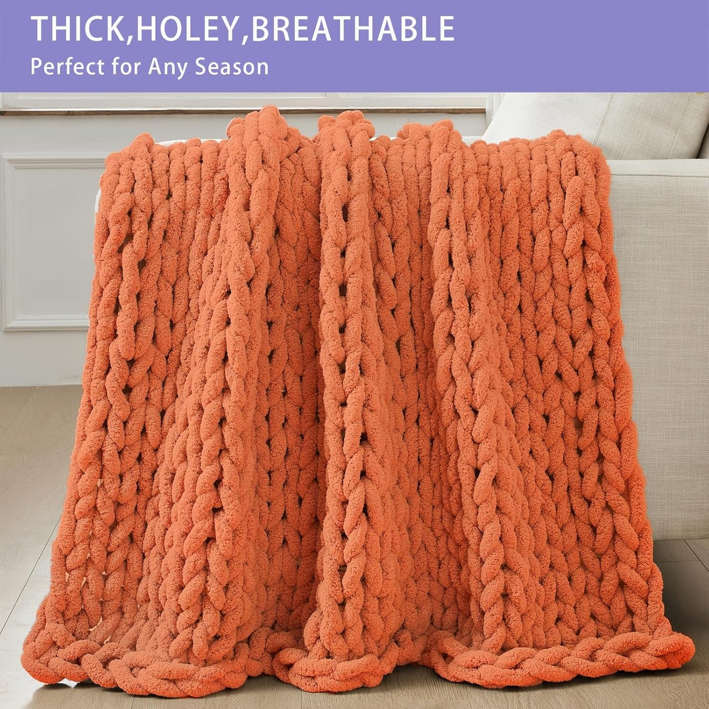 Bigacogo Chunky Knit Throw Blanket for Couch, 40x40 inches, 100% Hand Knitted with Thick Jumbo