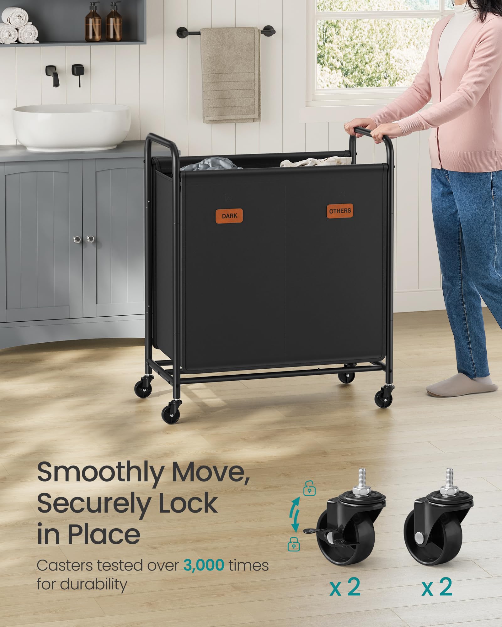 SONGMICS 2-Section Laundry Sorter, Laundry Hamper with Wheels, Rolling Clothes Hamper Cart with