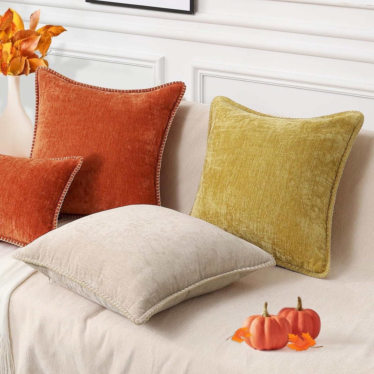 decorUhome Fall Chenille Soft Throw Pillow Covers 12x20 Set of 2, Lumbar Velvet Farmhouse Neutral