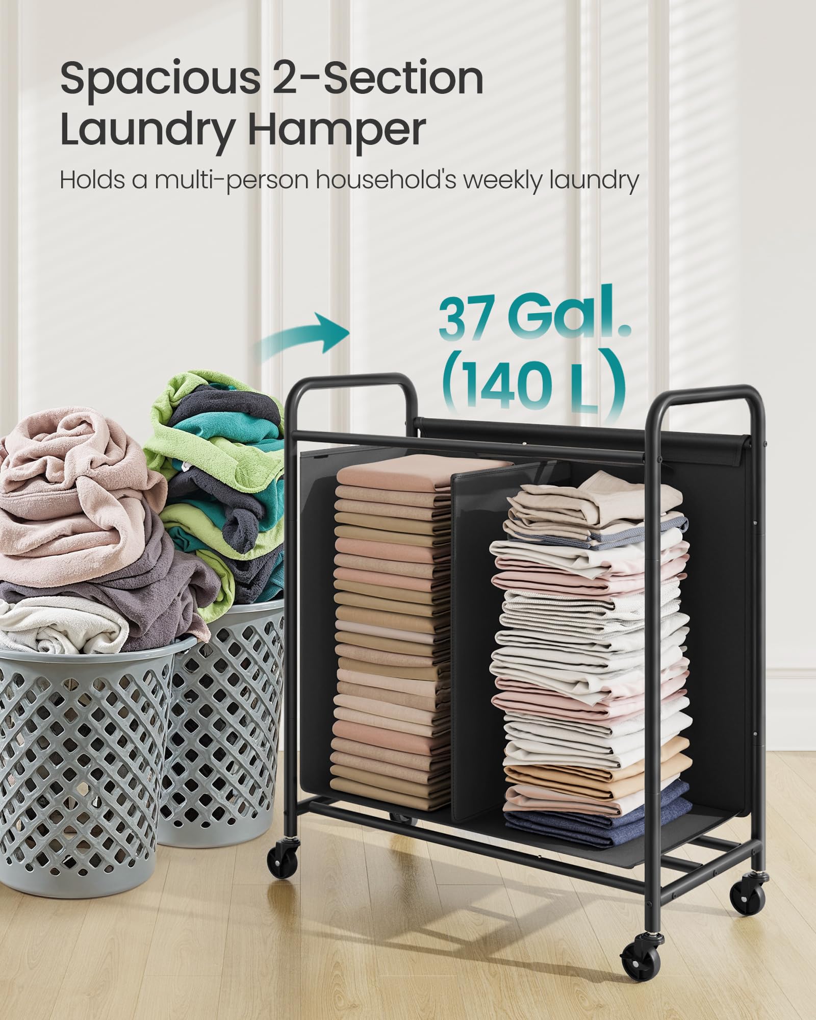SONGMICS 2-Section Laundry Sorter, Laundry Hamper with Wheels, Rolling Clothes Hamper Cart with