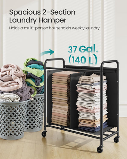 SONGMICS 2-Section Laundry Sorter, Laundry Hamper with Wheels, Rolling Clothes Hamper Cart with