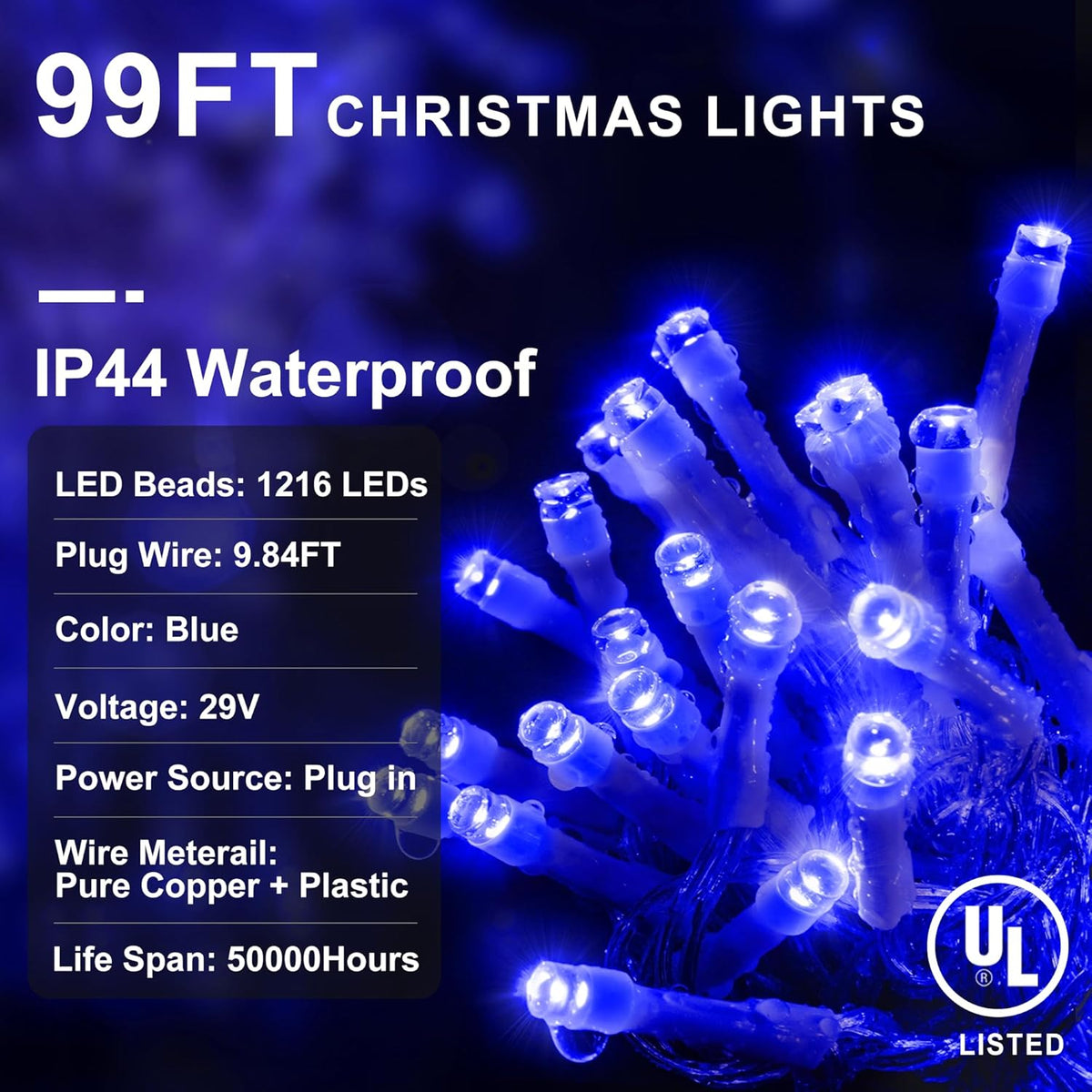 Christmas Lights Outdoor Decorations 1216 LED 99ft 8 Modes Curtain Fairy String Light with 228