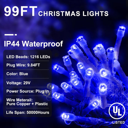 Christmas Lights Outdoor Decorations 1216 LED 99ft 8 Modes Curtain Fairy String Light with 228