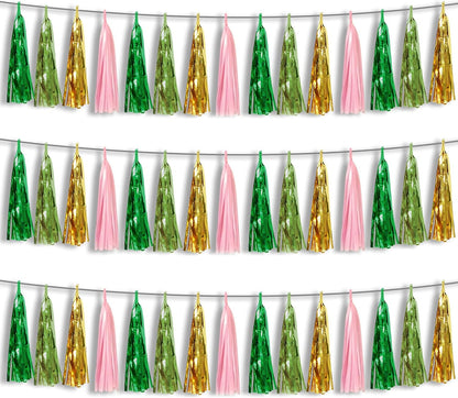 3P Sage-Green Pink-Gold Foil Fringe Metallic Tassel Garland, Tassels Banner Streamers for Parade