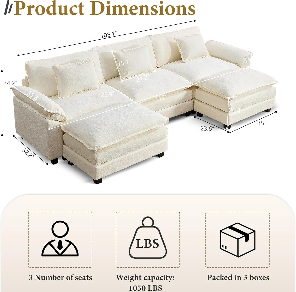 URRED Modular Sectional Sofa Comfy Cloud Couch, Modern Chenille Sofa Sleeper Deep Seat Couches with
