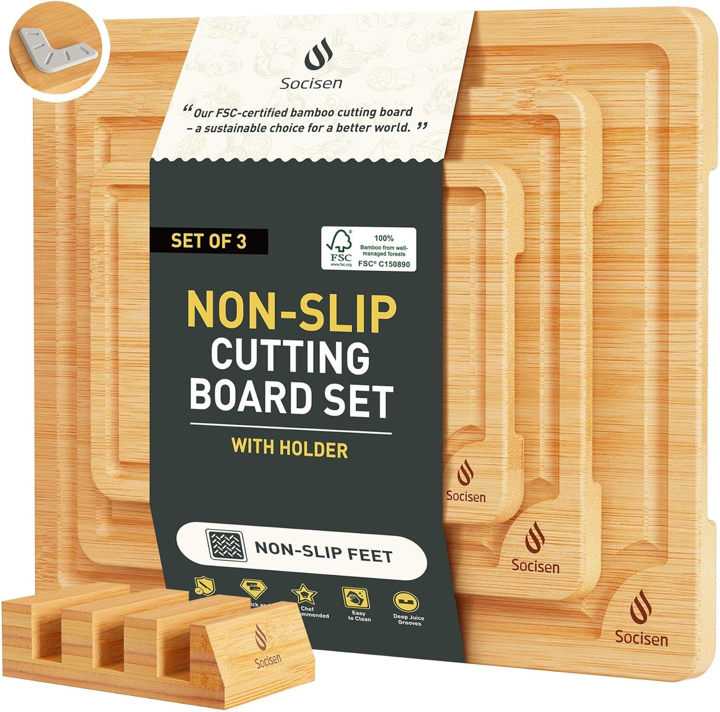 Bamboo Cutting Board Set Non Slip Feet with Holder Over Sink Kitchen Gadgets Seller 2025 First