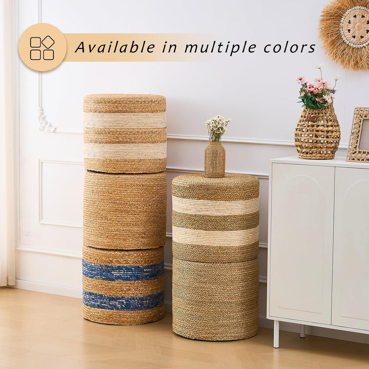Handwoven Ottoman Pouf, Natural Water Hyacinth Footstool, Round Braided Outdoor Seat with Sturdy