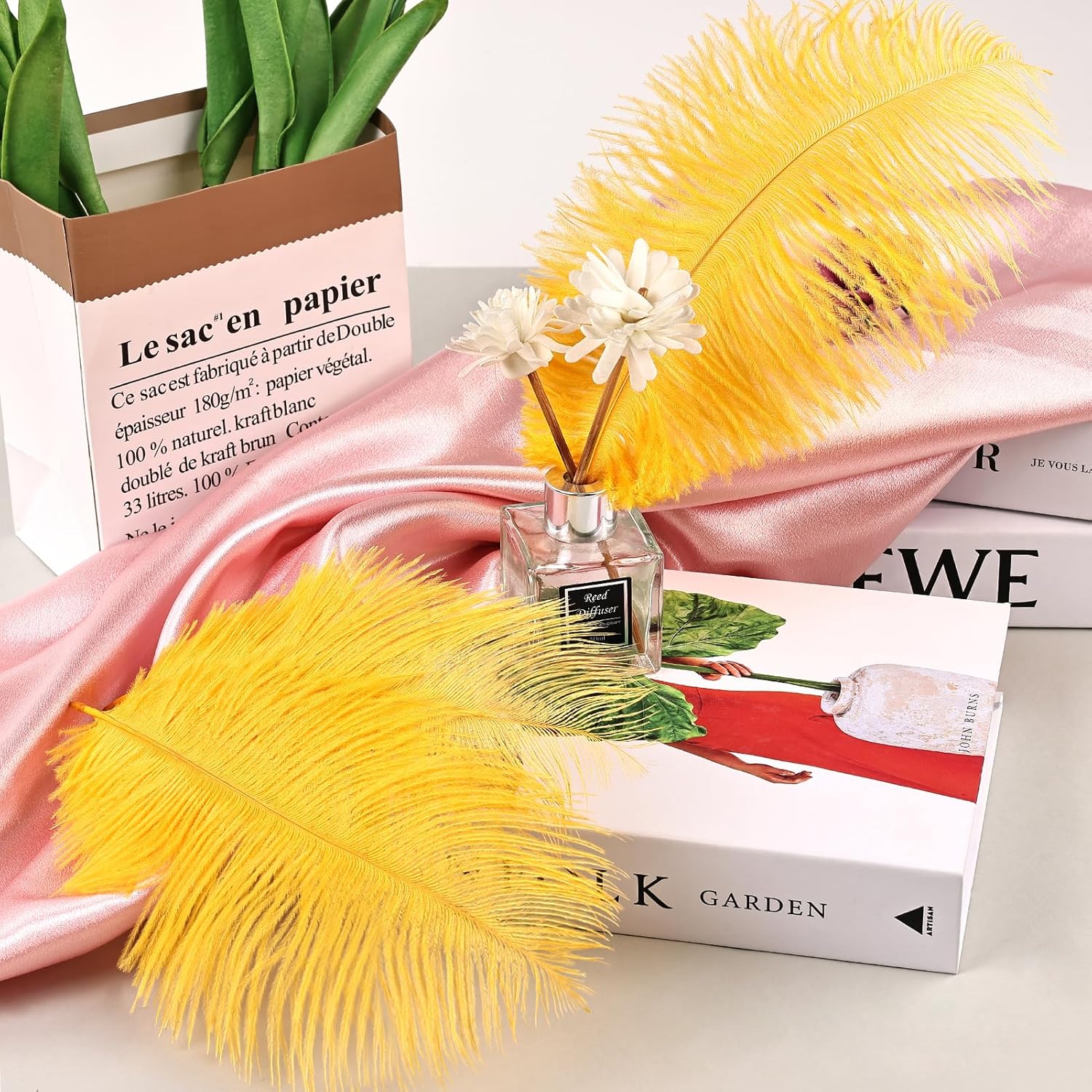 THARAHT Golden Yellow Ostrich Feathers 12pcs Natural Bulk 8-10Inch 20cm-25cm for Crafts Wedding