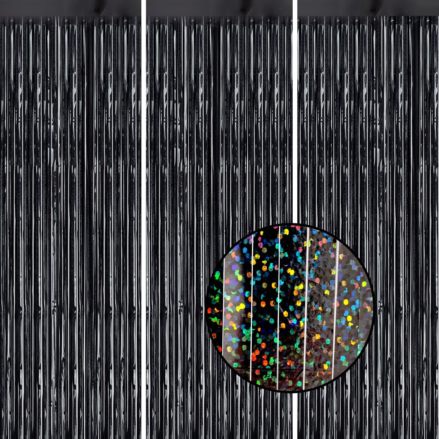 3 Pack Foil Fringe Backdrop - Laser Black Shiny Tinsel Curtains for Party Decoration/Photo Booth