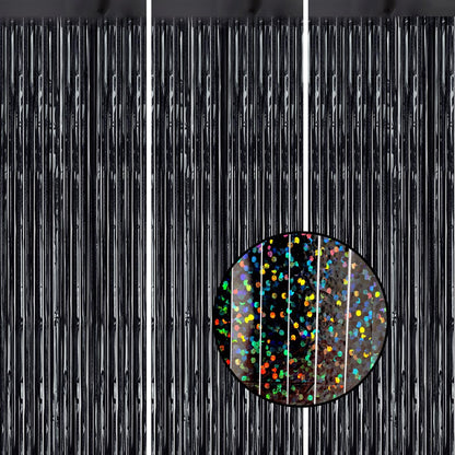 3 Pack Foil Fringe Backdrop - Laser Black Shiny Tinsel Curtains for Party Decoration/Photo Booth
