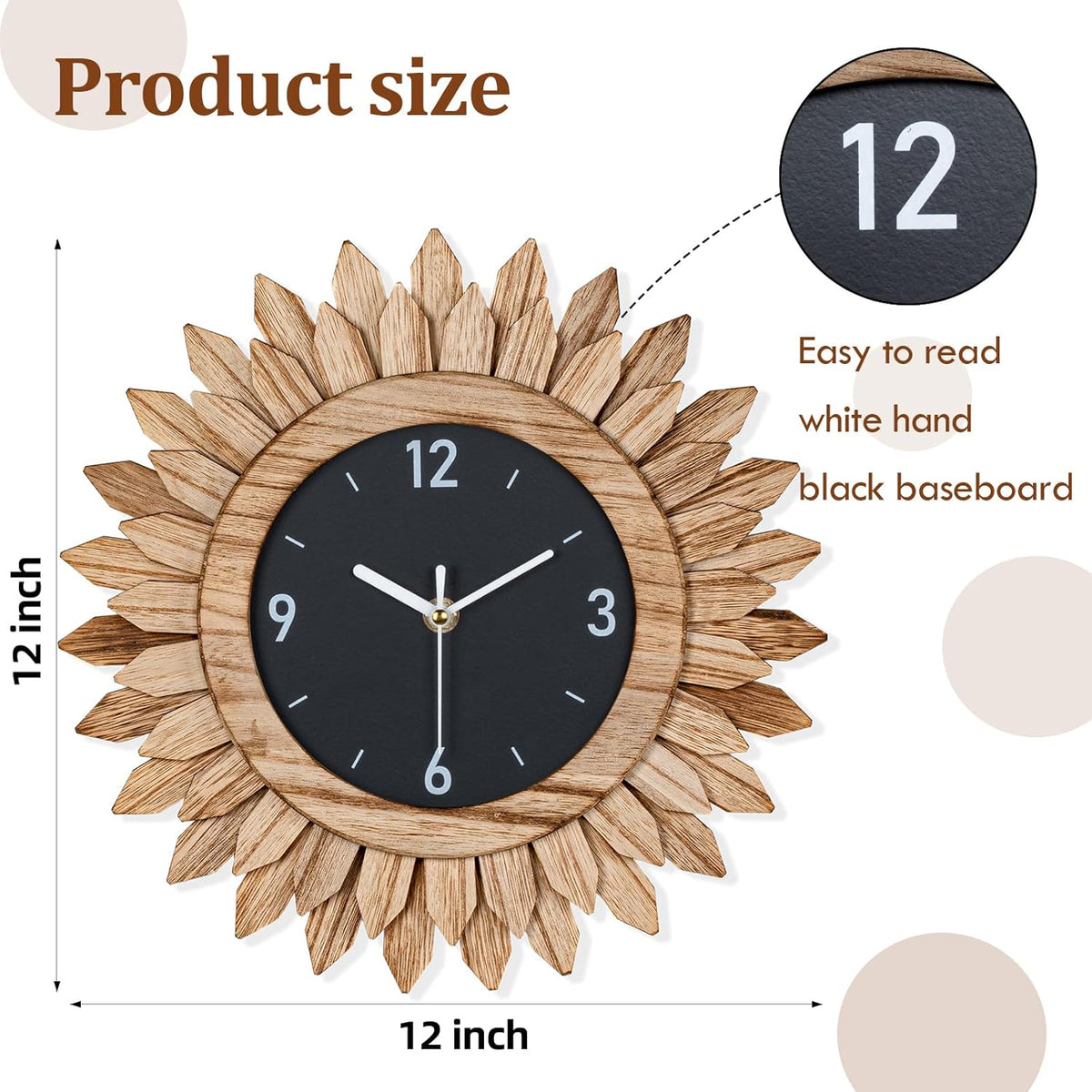 Honiway Wall Clock Battery Operated 12 in Rustic Wood Boho Sunburst Decorative Wall Clock Silent