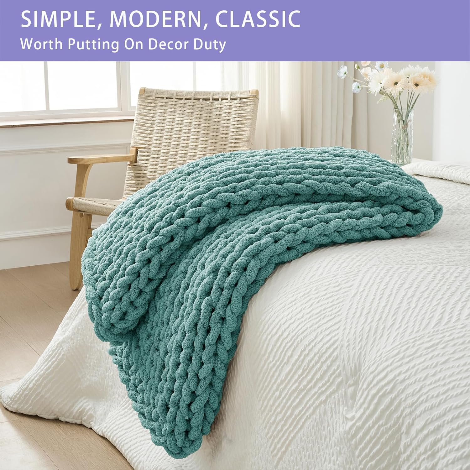 Bigacogo Chunky Knit Throw Blanket for Couch, 40x40 inches, 100% Hand Knitted with Thick Jumbo