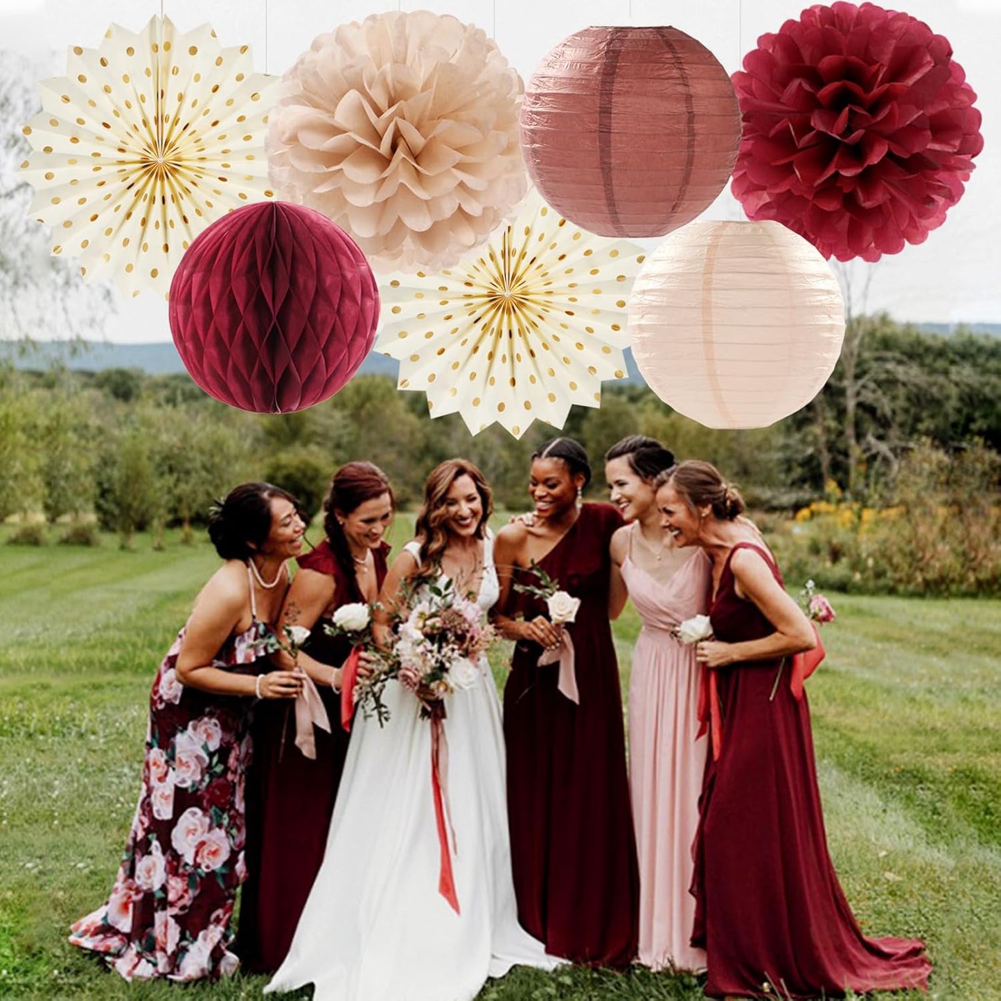 Brown Burgundy Champagne Boho Party-Decorations - 14pcs Rustic Wedding Paper Lanterns Fan,Tissue