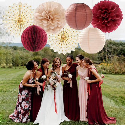Brown Burgundy Champagne Boho Party-Decorations - 14pcs Rustic Wedding Paper Lanterns Fan,Tissue