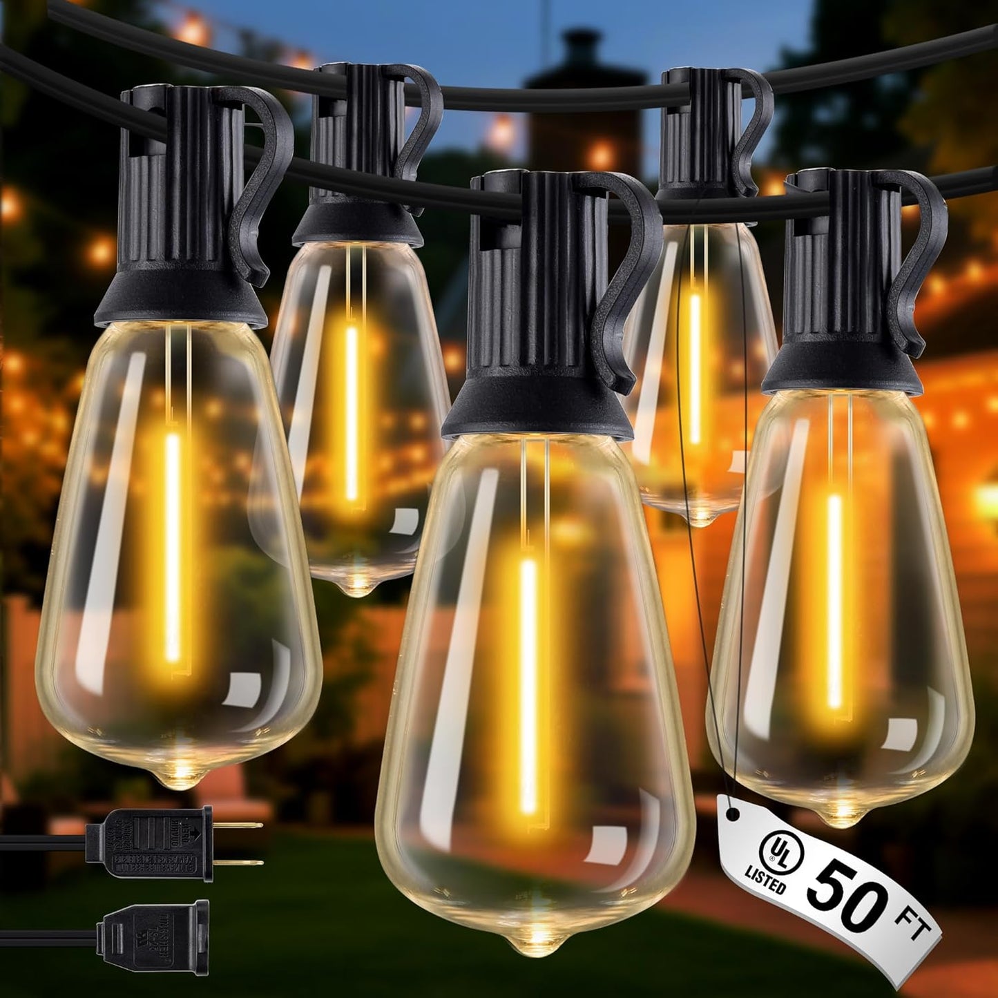 Outdoor String Lights - 50FT LED Patio Lights with 27 Shatterproof Waterproof Bulbs, Connectable