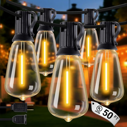 Outdoor String Lights - 50FT LED Patio Lights with 27 Shatterproof Waterproof Bulbs, Connectable