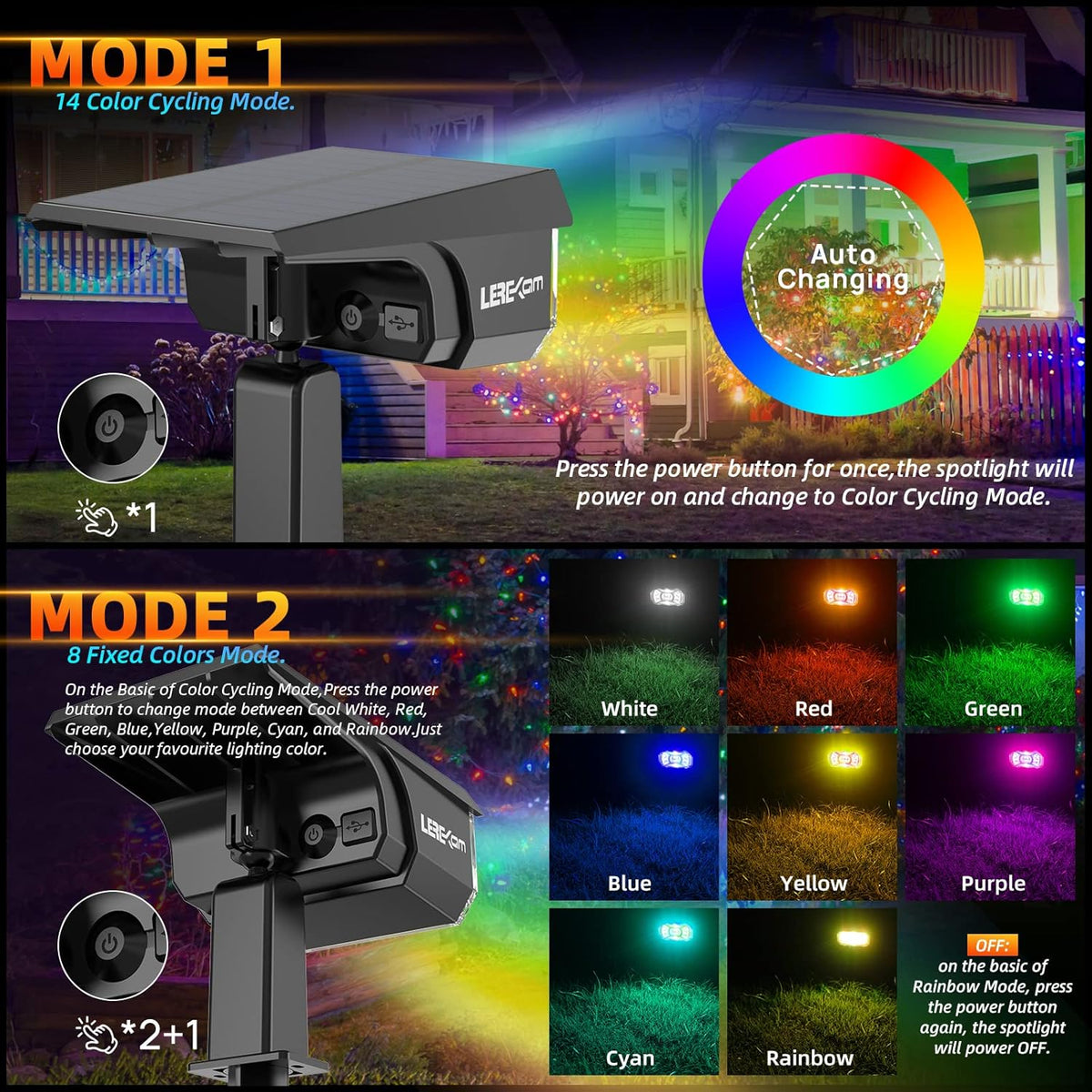 Solar Outdoor,40 LEDs Color Changing RGB Solar Landscape Path Lights,USB & Solar Powered