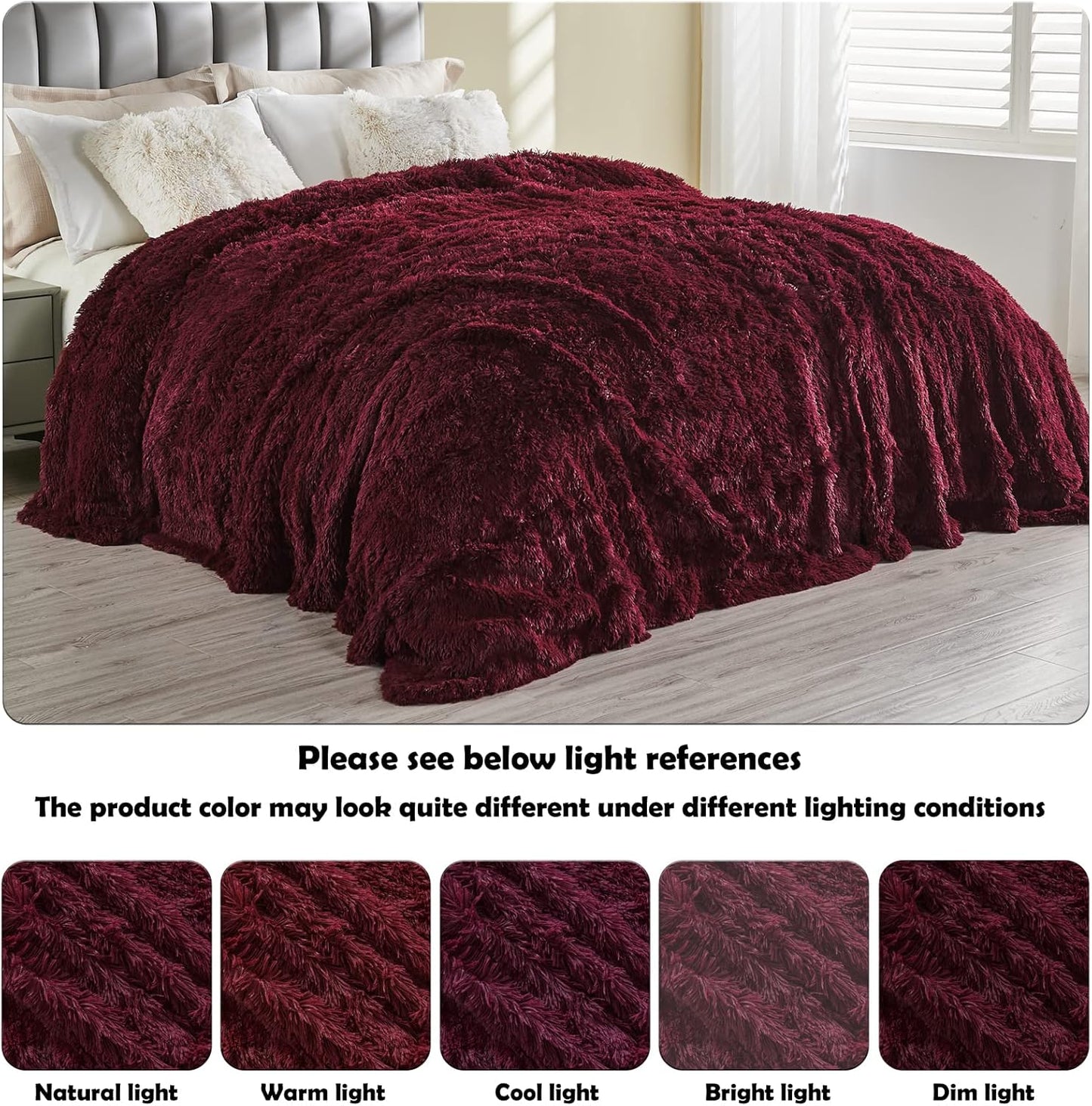 GONAAP Fuzzy Faux Fur Throw Blanket Queen Size Wine Red Super Soft Cozy Plush Fuzzy Shaggy Blanket