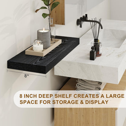 Black Floating Shelves 48 Inch Long, 8 Deep Floating Shelves for Wall, Rustic 48" Long Fireplace