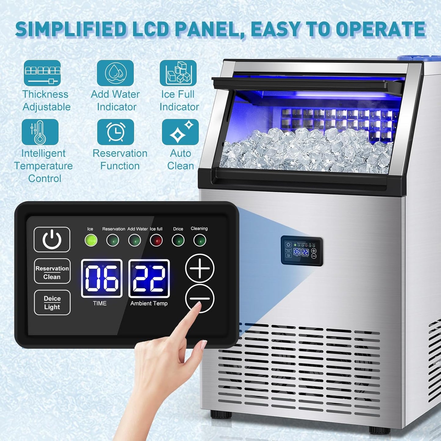 Commercial Ice Maker Machine, 175Lbs/24H with 45Lbs Storage, 55Pcs Clear Ice Cubes in 8-15Mins