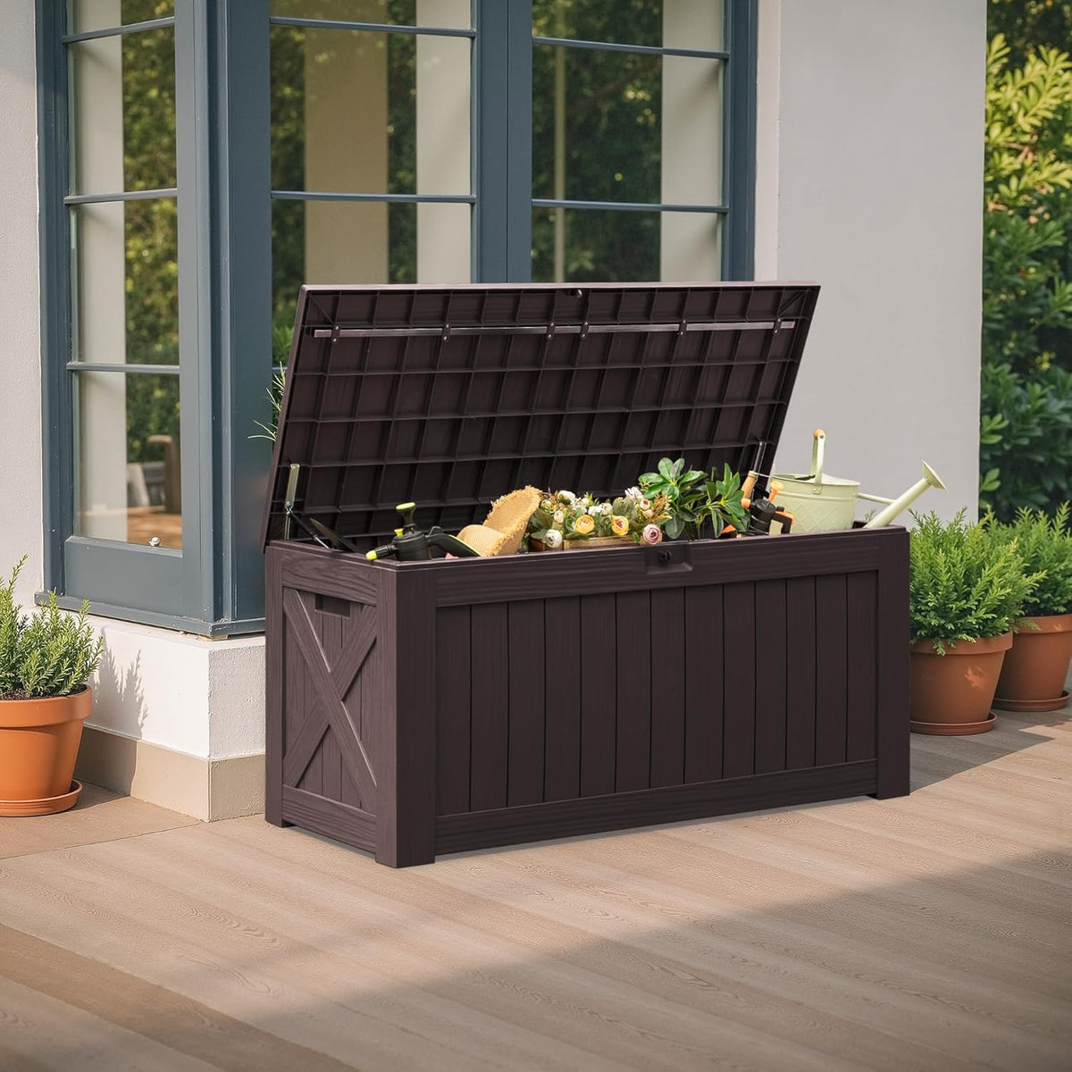 Flamaker Resin Deck Box 120 Gallon Waterproof Large Outdoor Indoor Storage Box Imitation Wood Resin