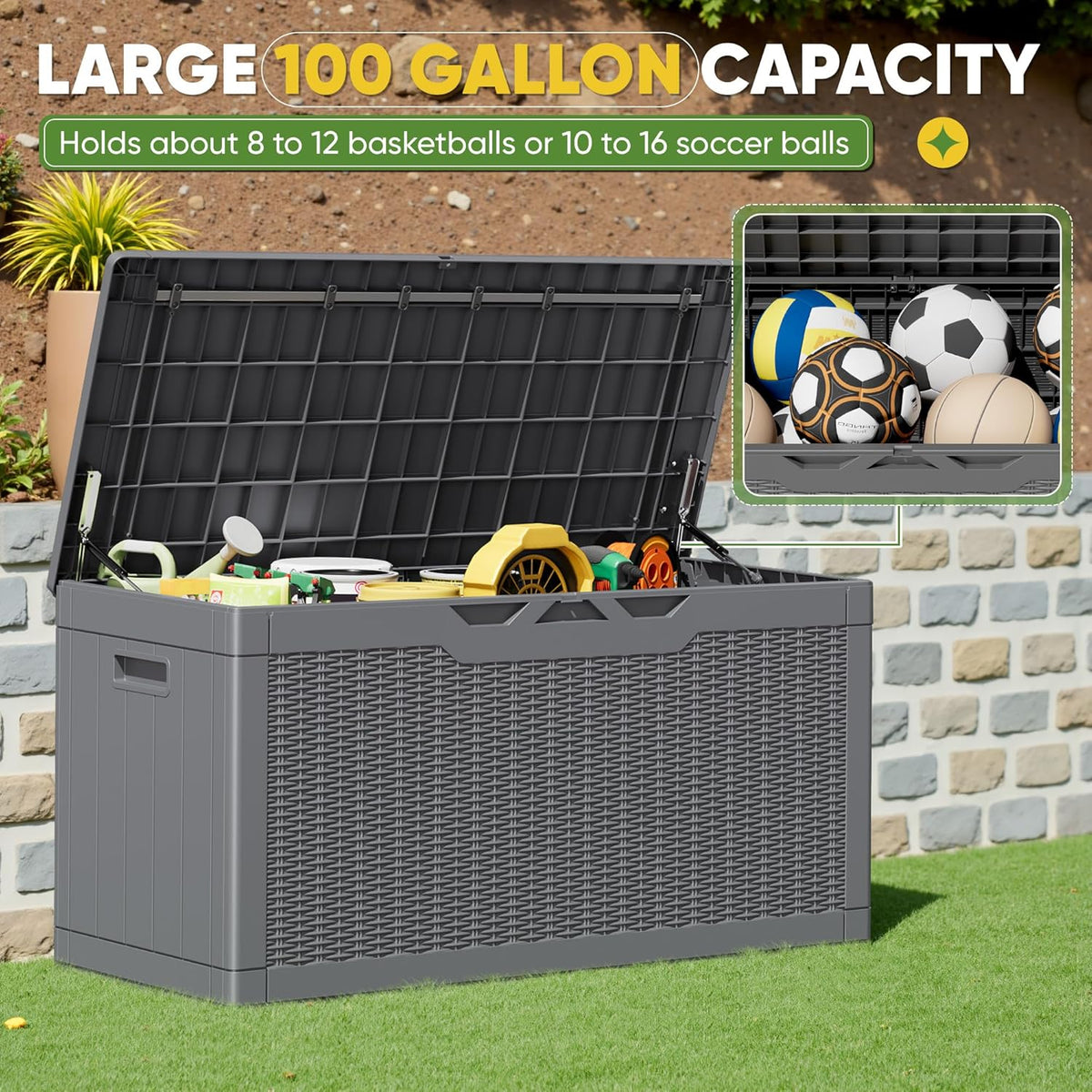 Greesum 100 Gallon Resin Deck Box Lockable Large Outdoor Storage Boxes for Garden Tools, Patio