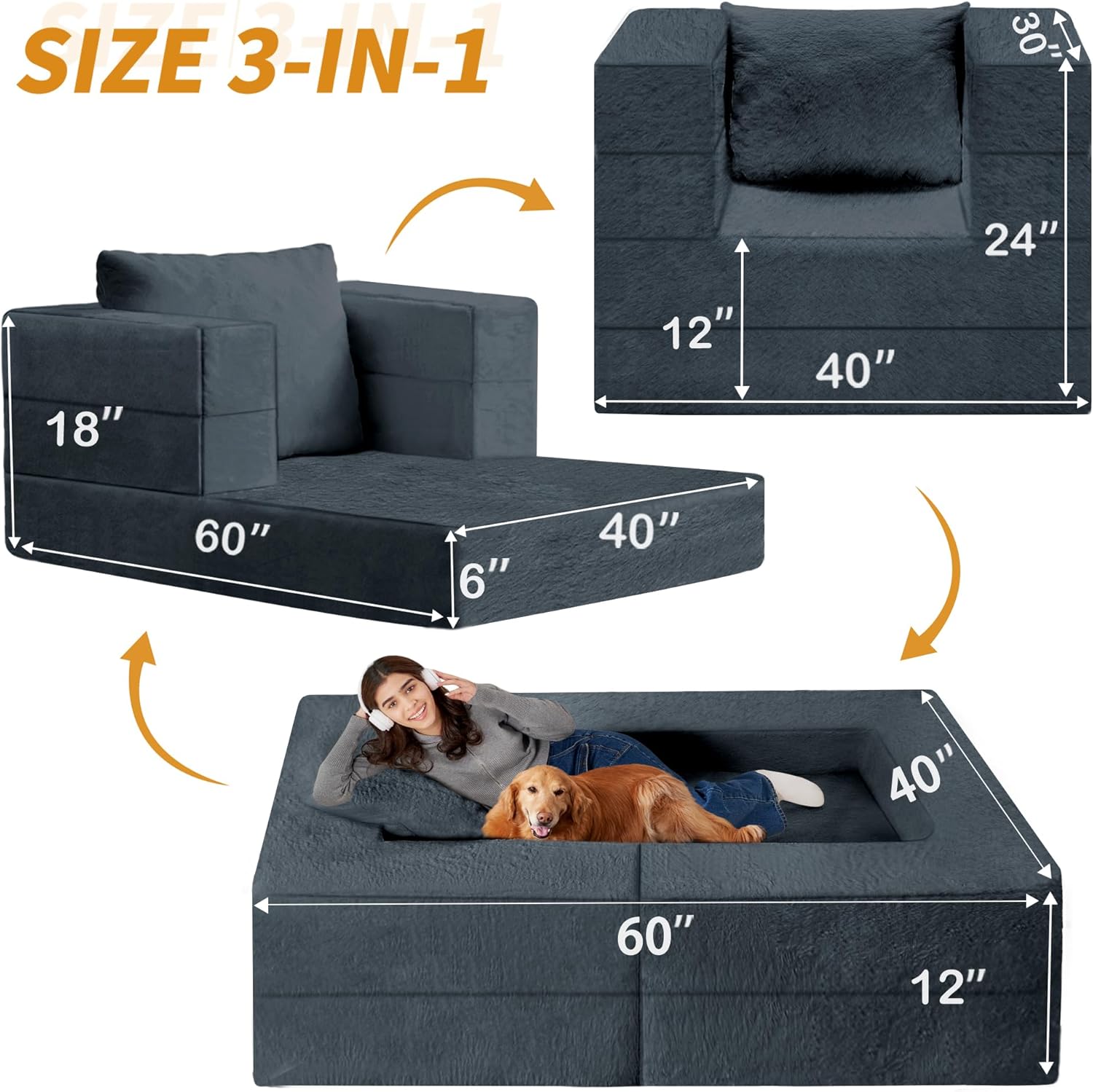Folding Bean Bag Chair for Adults,3-in-1 Bean Bag Couch Faux Fur Floor Sofa Large Beanbag