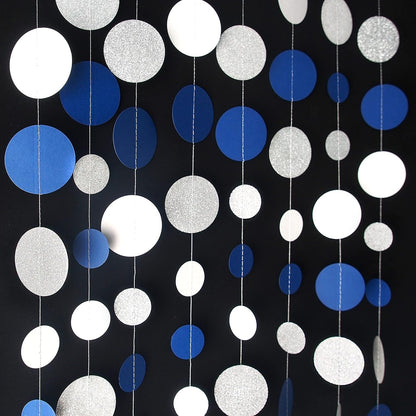 46 Feet Navy Blue White and Silver Circle Dots Garland Royal Blue Hanging Paper Polka Dots Streamer