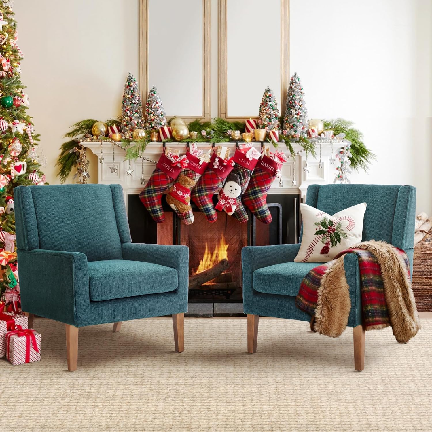 COLAMY Modern Wingback Living Room Chair Set of 2, Upholstered Fabric Accent Armchair, Single Sofa