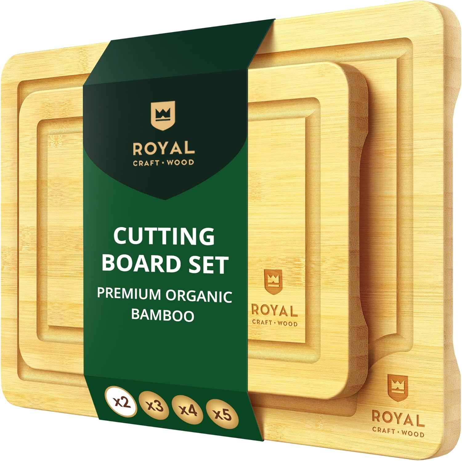 Chopping Board Set of 2 - Wooden Cutting Boards for Kitchen Meal Prep & Serving - Bamboo Wood