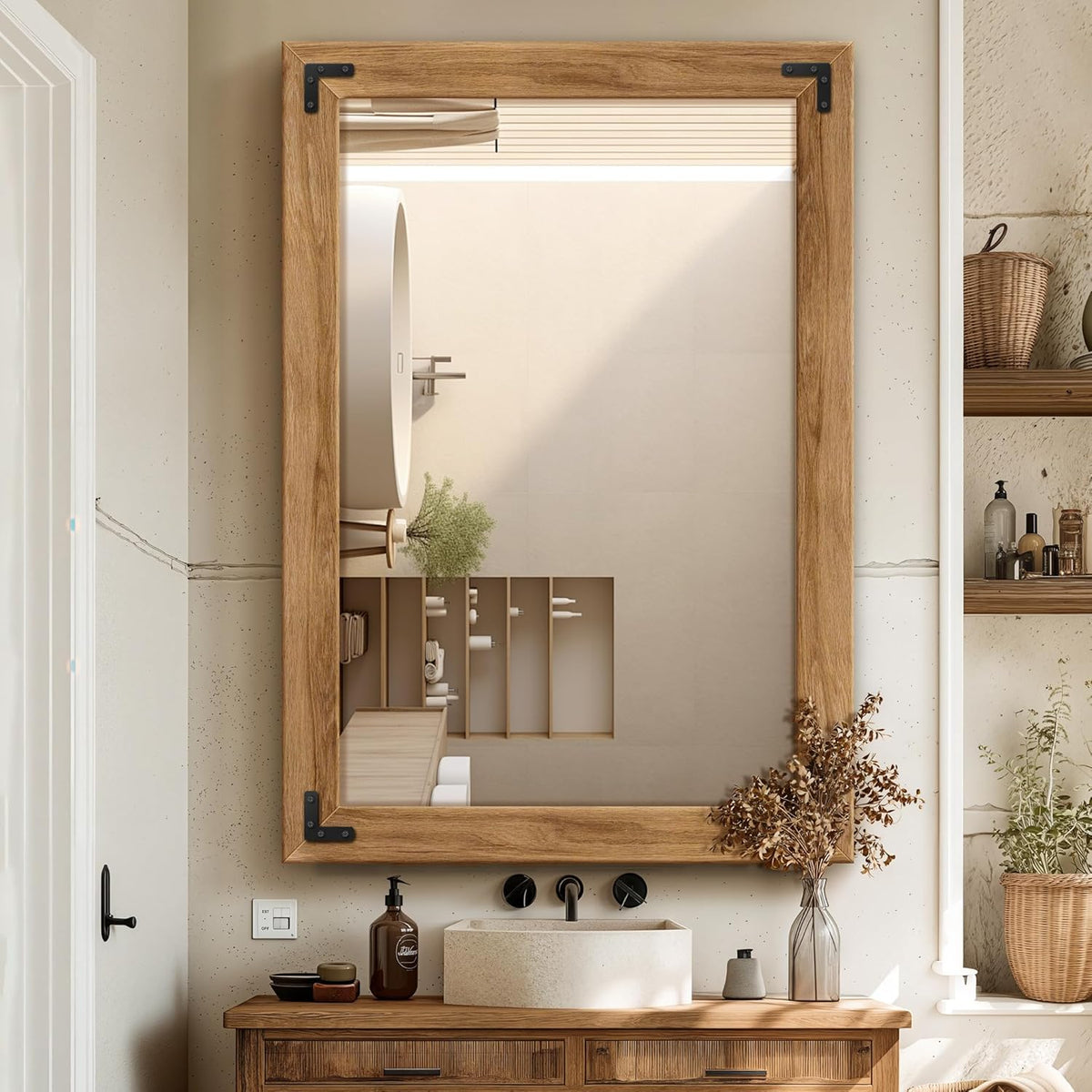 Full Length Mirror with Wooden Frame, 40"X28" Solid Wood Standing Floor Mirror for Farmhouse