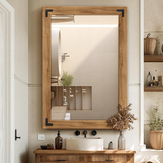 Full Length Mirror with Wooden Frame, 40"X28" Solid Wood Standing Floor Mirror for Farmhouse