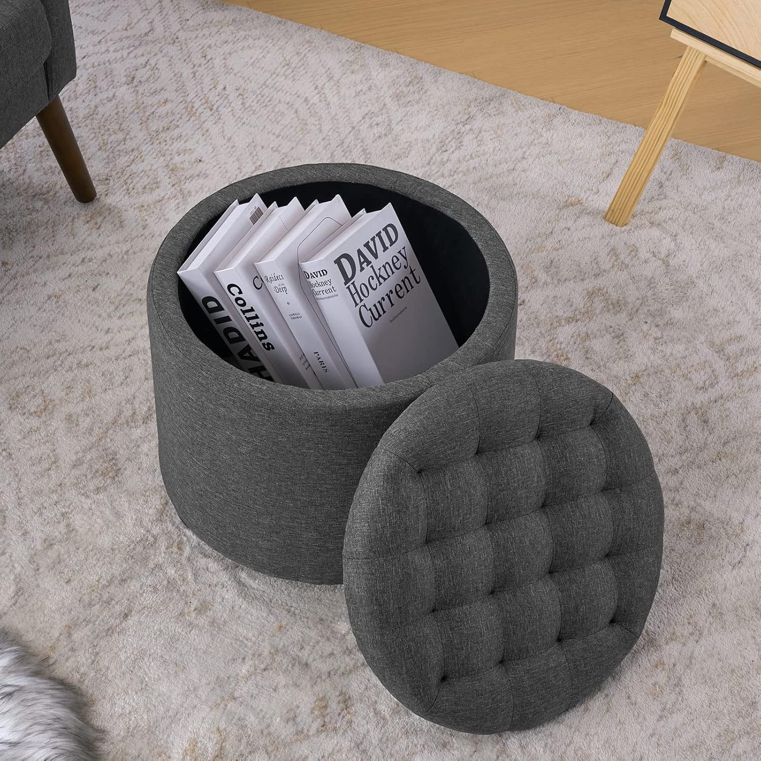 Furniliving 18.7inch Storage Round Ottoman, Footstools with Hidden Storage with Removable Lid