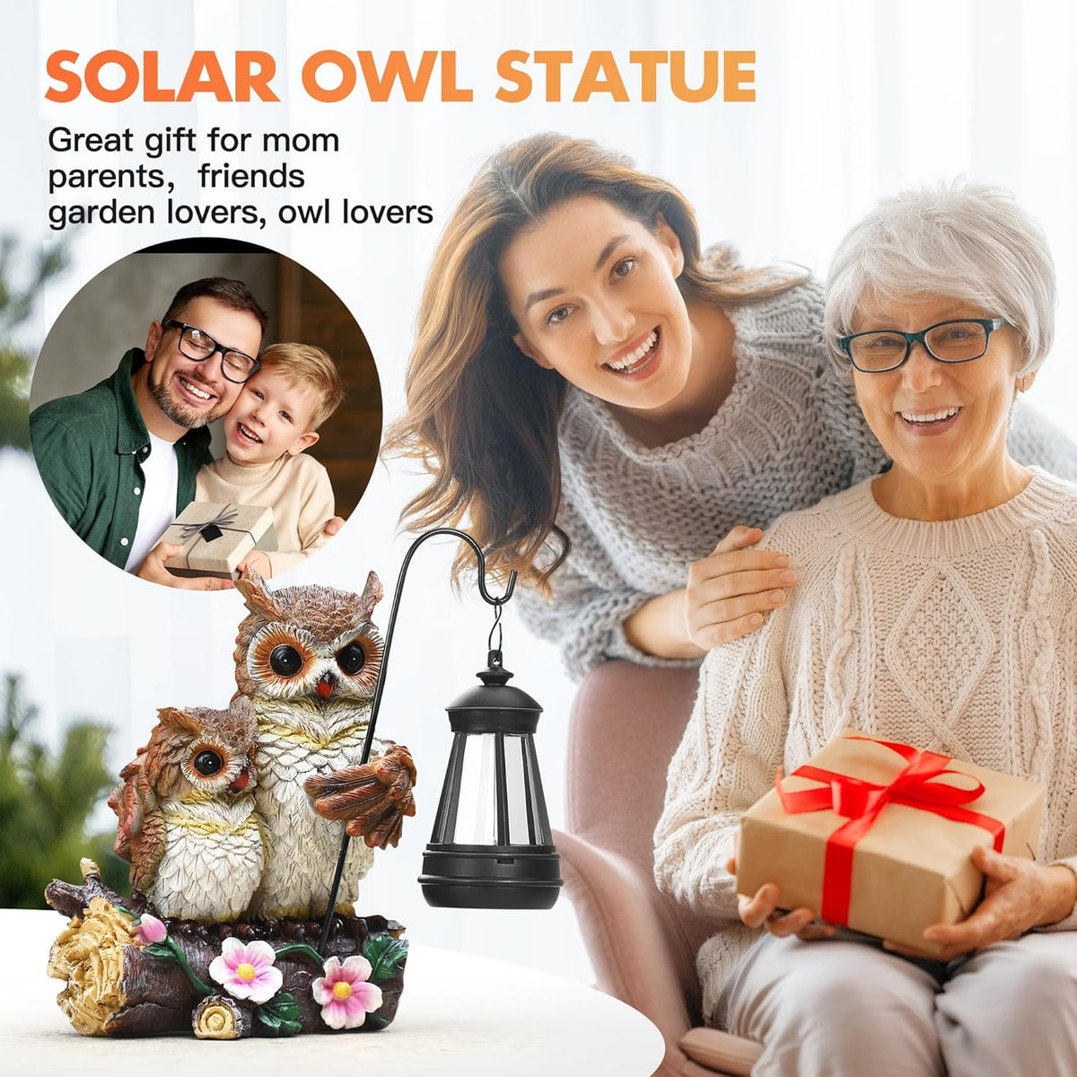 Json Garden Owls Statue with Solar LED Lantern, Loving Owls Family Embrace, Gifts for Mom Yard Art