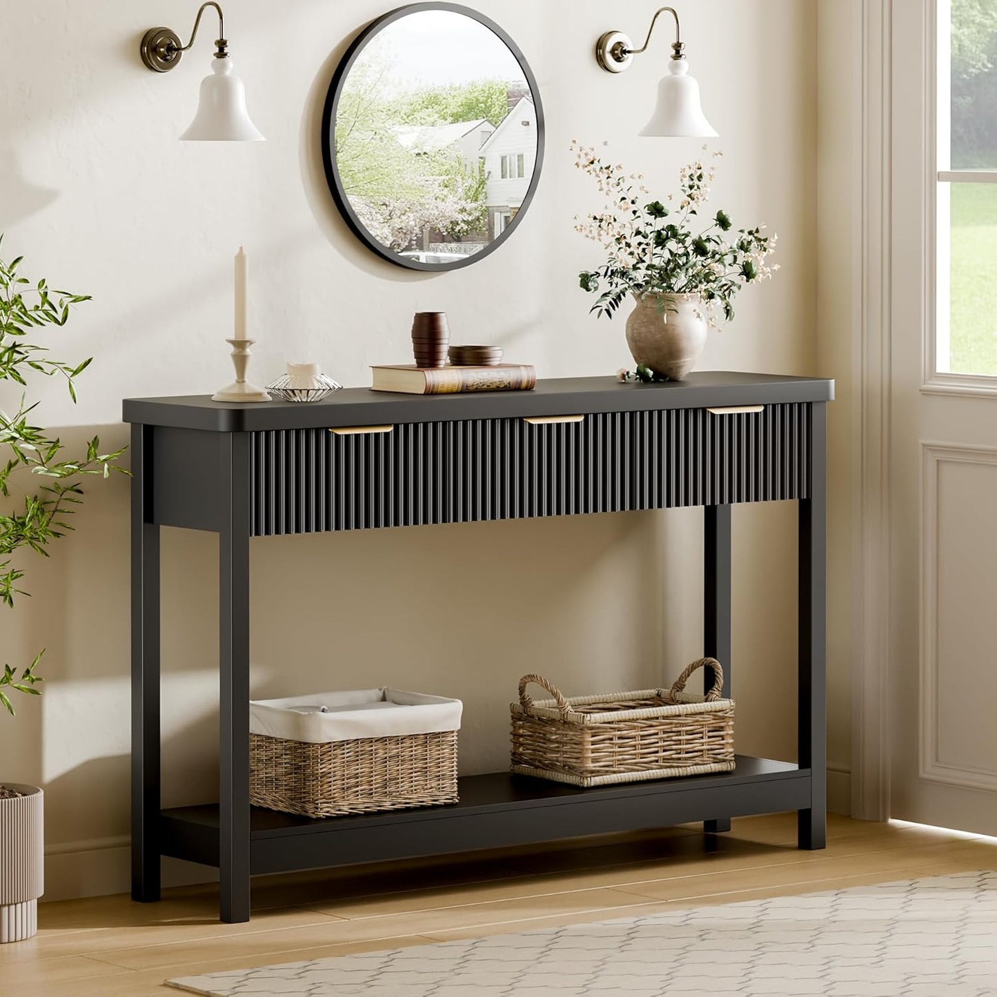 Lulive 51" Fluted Console Table for Entryway, Entryway Table with 3 Wooden Drawers, Farmhouse