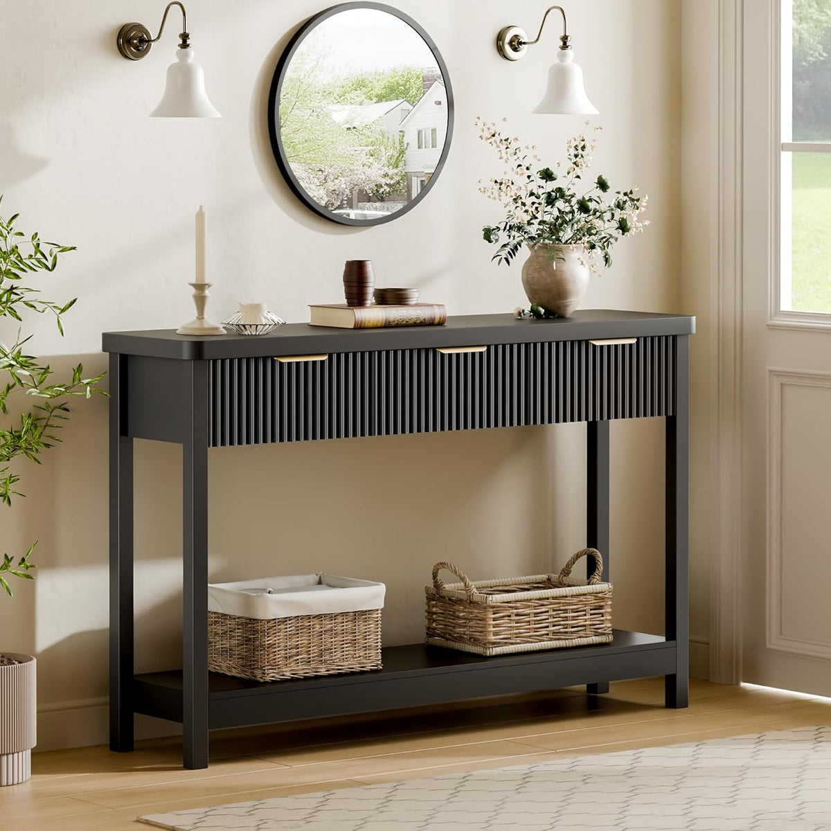 Lulive 51" Fluted Console Table for Entryway, Entryway Table with 3 Wooden Drawers, Farmhouse