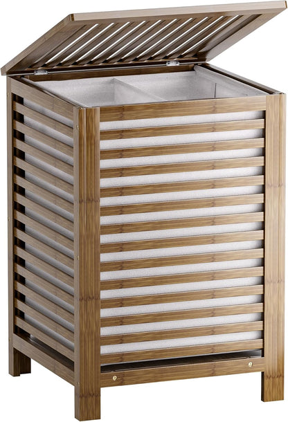 SMIBUY Double Laundry Hamper with Lid, 120L Bamboo Laundry Basket with Removable Liner Bag
