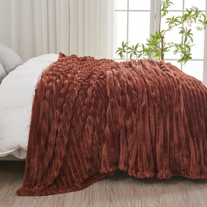 NEWCOSPLAY Super Soft King Blanket Coffee Premium Silky Flannel Fleece 3D Ribbed Jacquard